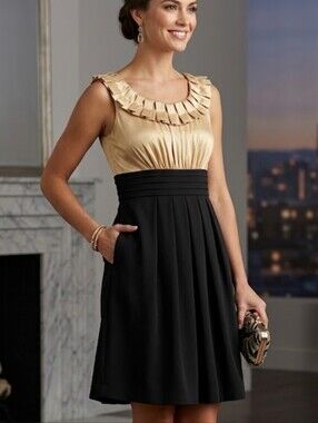 Jessica Howard Black and Gold Pleated Mini Dress Size 6 Petite W/Pockets Formal
